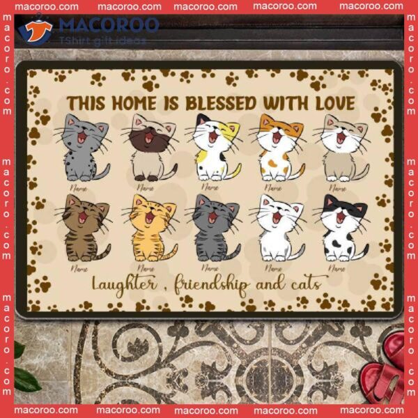 Personalized Doormat, Gifts For Cat Lovers, This Home Is Blessed With Love Front Door Mat