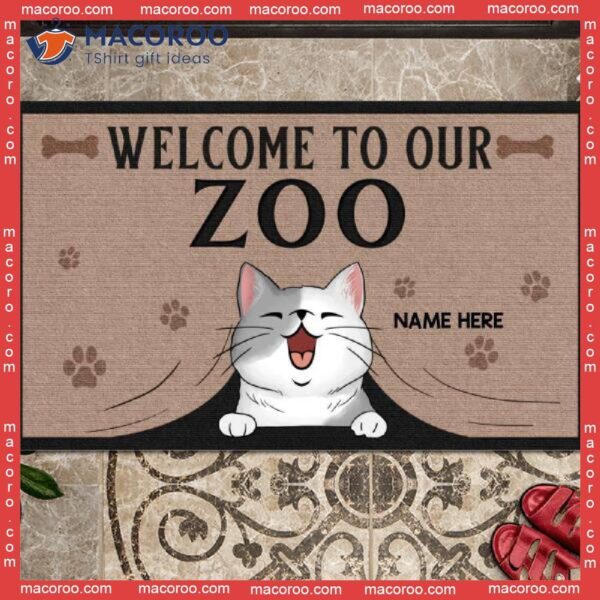 Personalized Doormat, Gifts For Cat Lovers, Welcome To Our Zoo Peeking From Curtain Front Door Mat
