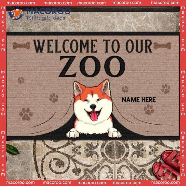 Personalized Doormat, Gifts For Dog Lovers, Welcome To Our Zoo Peeking From Curtain Front Door Mat