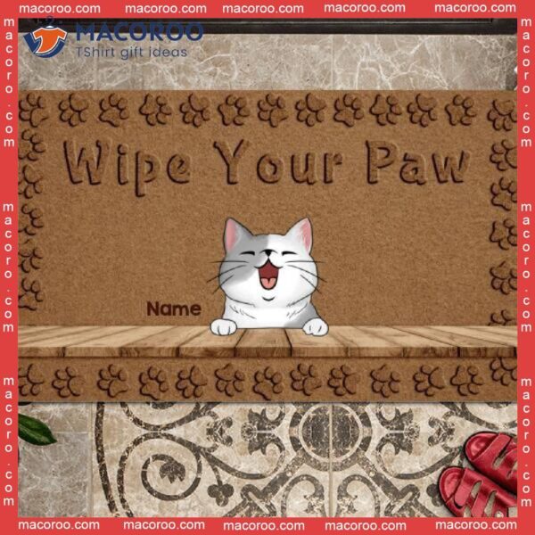 Personalized Doormat, Wipe Your Paw Pawprints Rectangle Brown Outdoor Door Mat, Gifts For Cat Lovers