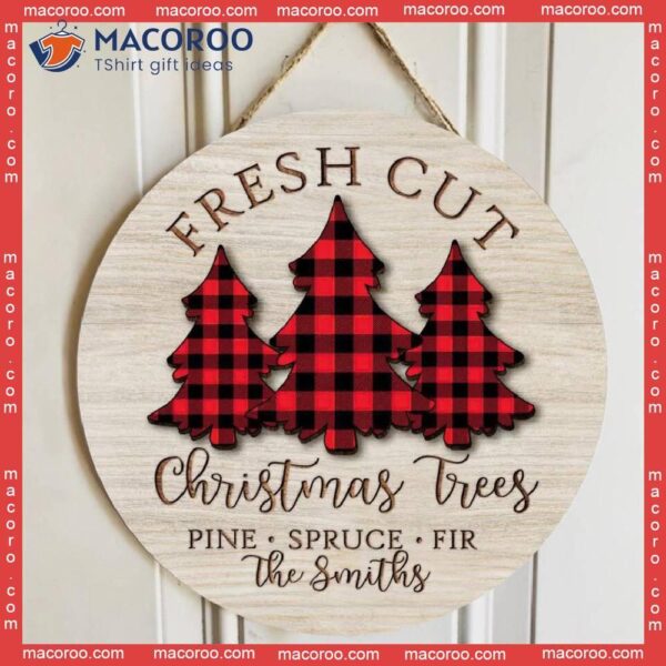 Personalized Family Name Sign, Christmas Door Decor, Custom Front Sign,red Buffalo Plaid Trees Hanger