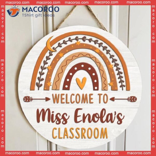Personalized Teacher Wooden Signs, Gift, Boho Rainbow Door Hanger, Welcome Sign, Classroom Native American Decor