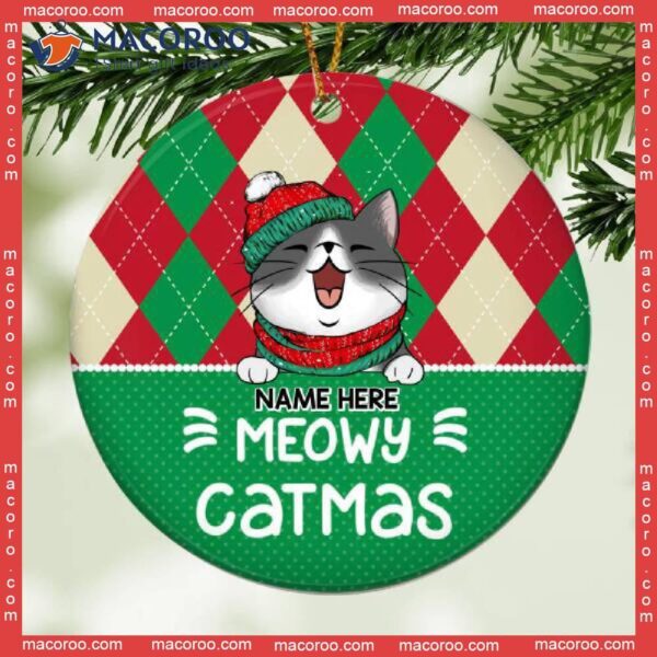 Plaid & Polka Dots Circle Ceramic Ornament,meowy Christmas, Personalized Cat Breeds Ornament