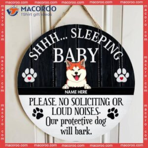 Please No Soliciting Or Loud Noises, Baby Sleeping Rustic Wreath, Personalized Background Color & Dog Breeds Wooden Signs