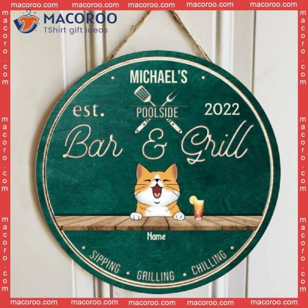 Poolside Bar & Grill, Wooden Door Hanger, Personalized Dog Cat Signs, Front Decor, Gifts For Pet Lovers