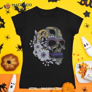 purple floral black sugar skull day of the dead halloween shirt halloween skull tshirt 1