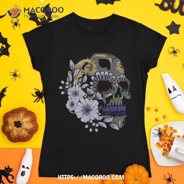 Purple Floral Black Sugar Skull Day Of The Dead Halloween Shirt, Halloween Skull