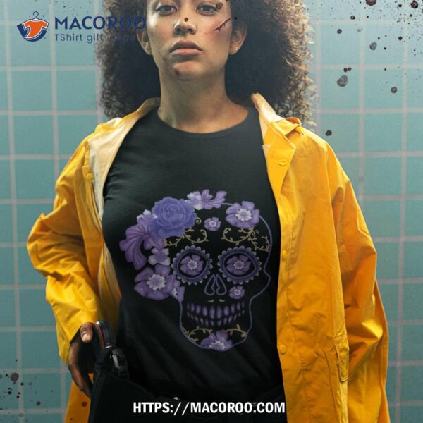 Purple Floral Sugar Skull Souls Day Muertos Of Dead Shirt, Sugar Skull Pumpkin