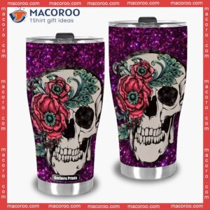 purple flowers skull stainless steel tumbler 2