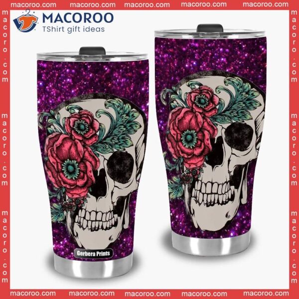 Purple Flowers Skull Stainless Steel Tumbler