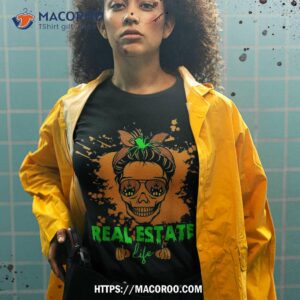 real estate life halloween scary realtor messy bun skull shirt spooky scary skeletons tshirt 2