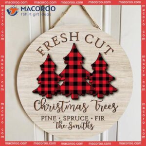 Red Buffalo Plaid Christmas Trees Door Hanger, Personalized Family Name Sign, Custom Front Wooden Signs, Decor