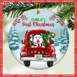 Red Truck Circle Ceramic Ornament, Personalized Dog Breeds Lovers Gifts,dog 1st Christmas