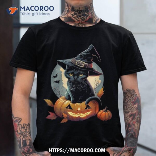 Scary Halloween Pumpkin Black Cat Witch Hat & Moon Shirt, Skeleton Head