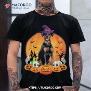 scary pumpkin skull witch doberman dog halloween shirt skeleton head tshirt