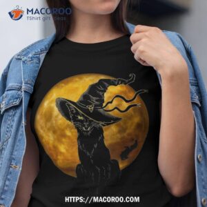 scary vintage black cat with witch hat full moon halloween shirt tshirt