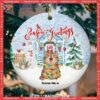 Season’s Greeting Blue Bricks House Circle Ceramic Ornament, Kitten Ornaments