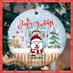 Season’s Greeting Blue Bricks House Circle Ceramic Ornament, Personalized Dog Lovers Decorative Christmas Ornament
