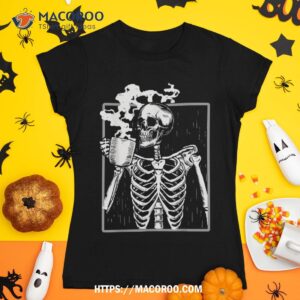 skeleton drinking coffee lover funny halloween skull shirt skeleton head tshirt 1