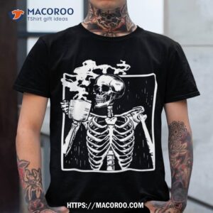 skeleton drinking coffee lover spooky season halloween skull shirt sugar skull pumpkin tshirt