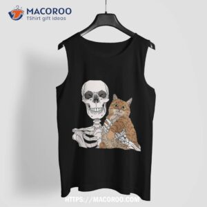 skeleton holding a cat shirt lazy halloween costume skull halloween skull tank top