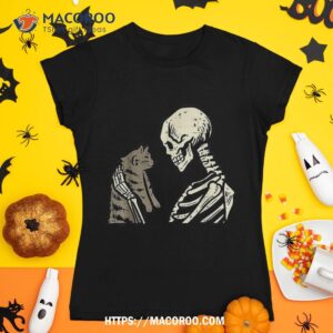 Skeleton Holding Cat Funny Halloween Skull Kids Shirt, Scary Skull