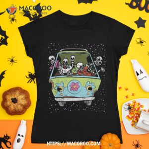 Skeleton Riding Hippie Van Halloween Costume Retro Bones Shirt, Skull Pumpkin