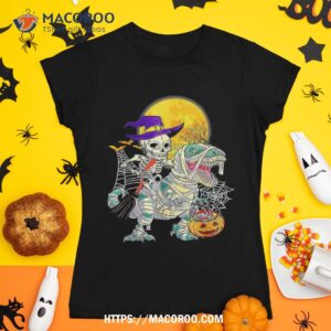 skeleton riding mummy dinosaur t rex halloween funny pumpkin shirt skeleton head tshirt 1