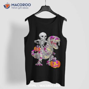 skeleton riding mummy dinosaur t rex halloween funny pumpkin shirt spooky scary skeletons tank top 1