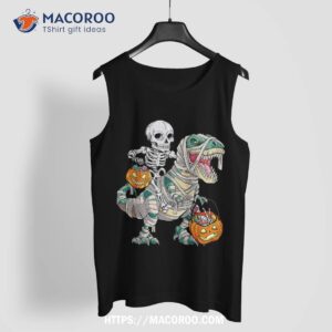 skeleton riding mummy dinosaur t rex halloween funny pumpkin shirt spooky scary skeletons tank top