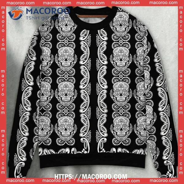 Skull Diamond Pattern Black And White Christmas Sweater