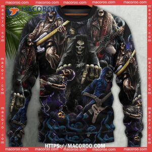 Skull Guitar Cool Dark Sweater, Ugly Christmas Sweater Day 2023 3 skull guitar cool dark sweater pink christmas sweater 3