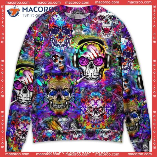 Skull Hippie Colorful Art Ugly Sweater Ugly Christmas Cardigan