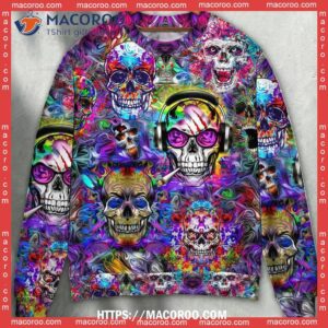 Skull Hippie Colorful Art Ugly Sweater Ugly Christmas Cardigan