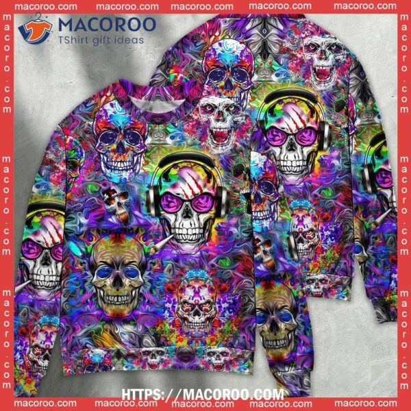 Skull Hippie Colorful Art Ugly Sweater Ugly Christmas Cardigan