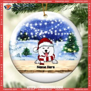 Snowy String Lights Blue Night Sky Circle Ceramic Ornament, Dog Christmas Decor