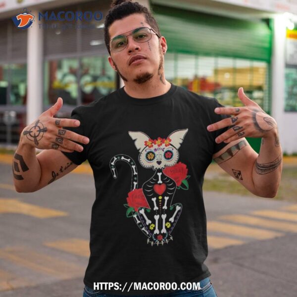 Souls Day Muertos Of Dead Sugar Skull Halloween Cat Shirt, Spooky Scary Skeletons