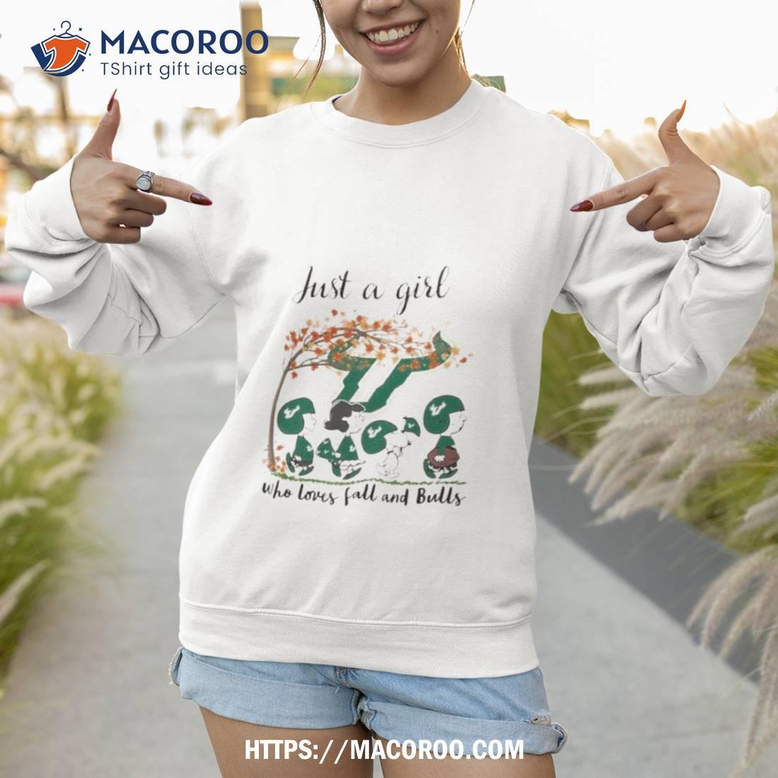 South Florida Bulls Peanuts Cartoon Just A Girl Who Loves Fall And Bulls Logo Shirt South Florida Bulls Peanuts Cartoon Just A Girl Who Loves Fall And Bulls Logo Shirt