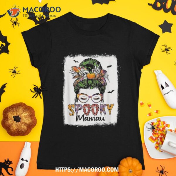 Spooky Mamaw Leopard Messy Bun Skull Witch Halloween Shirt, Skull Pumpkin