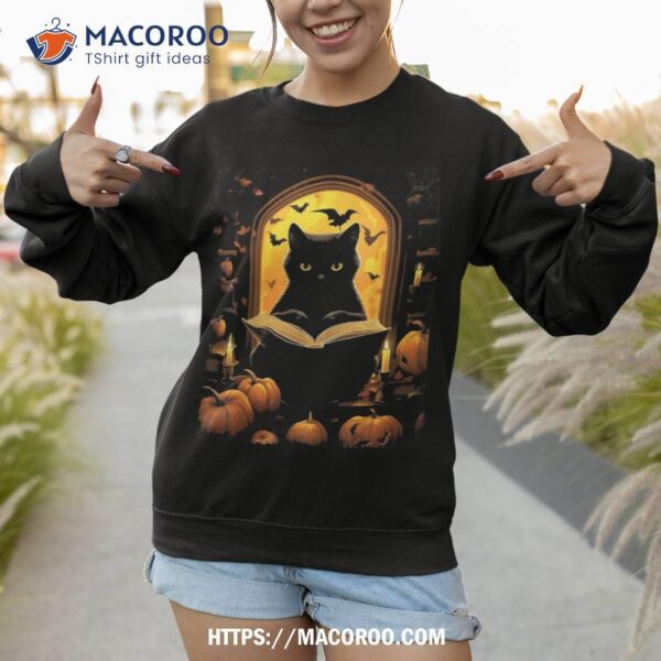 Spooky Season Halloween Black Cat Reading Books And Pumpkin Shirt
