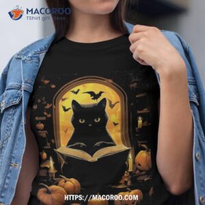 spooky season halloween black cat reading books and pumpkin shirt tshirt