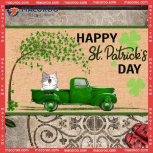 St. Patrick’s Day Personalized Doormat, Dog & Cat In Green Truck Outdoor Door Mat, Gifts For Pet Lovers