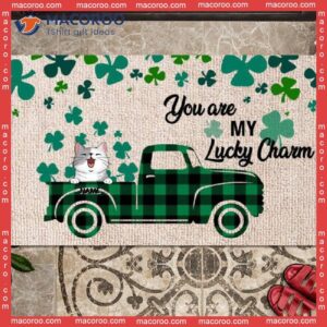 St. Patrick’s Day Personalized Doormat, Gifts For Pet Lovers, Dog & Cat In Buffalo Plaid Truck Outdoor Door Mat