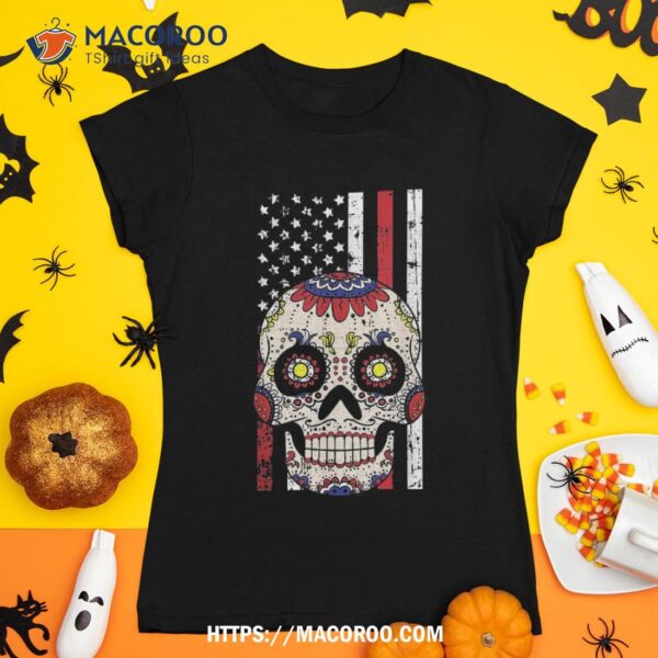 Sugar Skull American Flag Lazy Halloween Costume Skeleton Shirt, Scary Skull