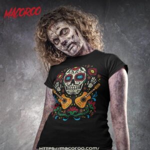sugar skull flowers guitar dia de muertos mexican halloween shirt scary skull tshirt