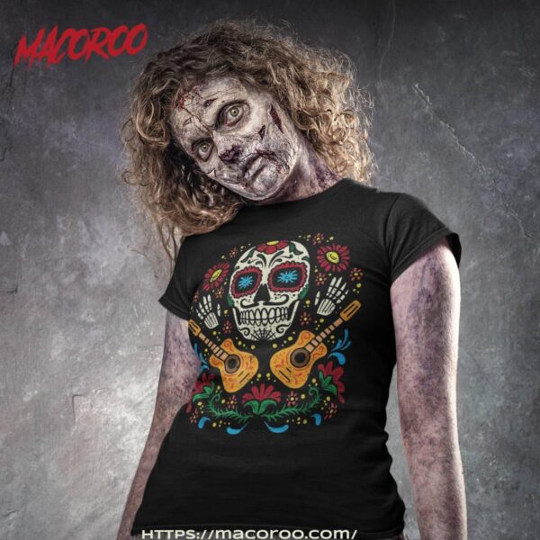 Sugar Skull Flowers Guitar Dia De Muertos Mexican Halloween Shirt, Scary Skull