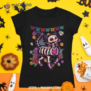 sugar skull mexican cat bone halloween day of dead shirt skeleton head tshirt 1