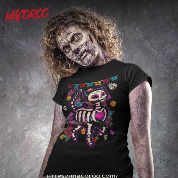 Sugar Skull Mexican Cat Bone Halloween Day Of Dead Shirt, Skeleton Head