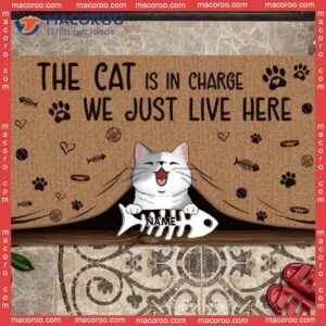 The Cat Is In Charge We Just Live Here Outdoor Door Mat, Gifts For Lovers, Personalized Doormat