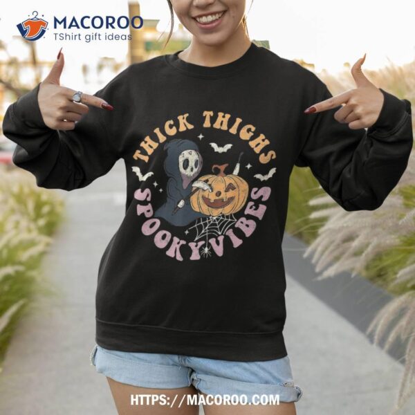 Thick Thighs Spooky Vibes Death Pumpkin Retro Halloween Shirt